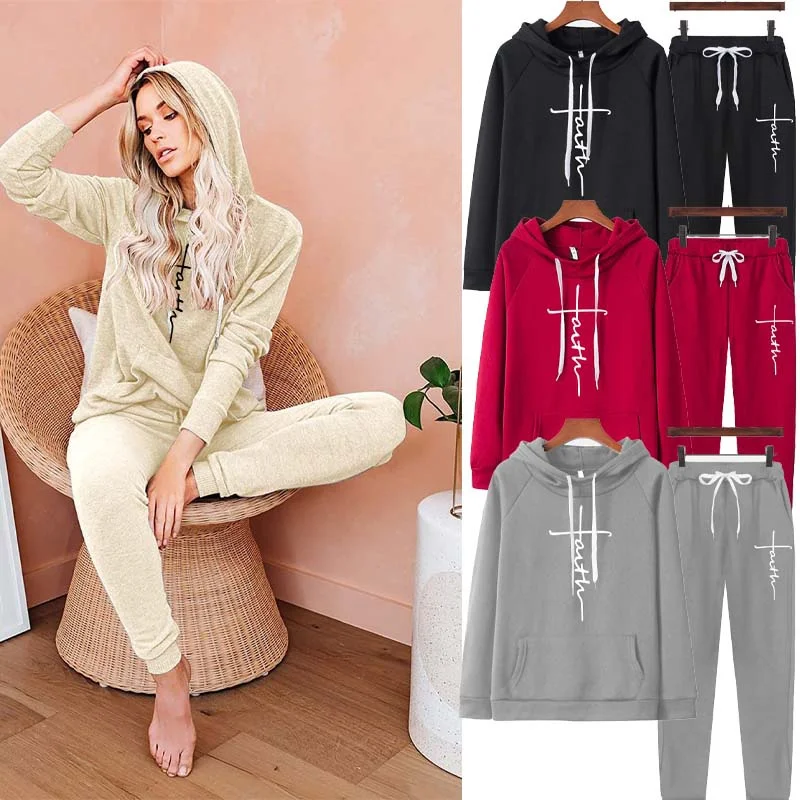 

2022 Ladies Faith Jesus Cross Printed Sports Hoodies Women Spring Autumn French Style Design Suit Long Sleeve Tops+jogging Pants