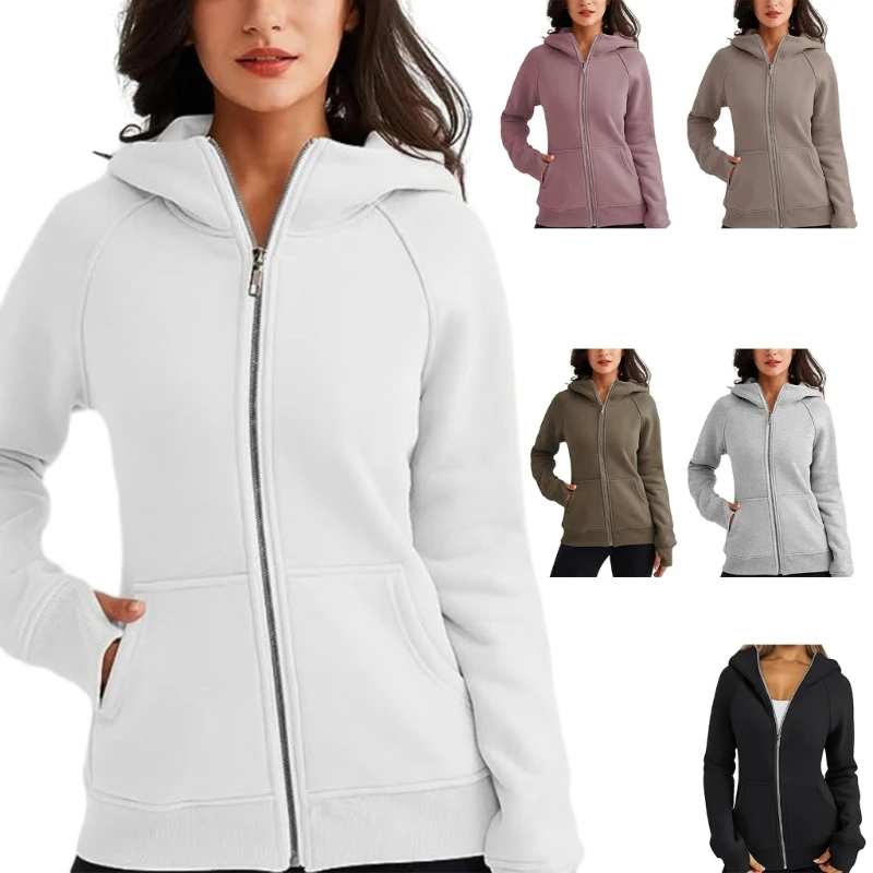 

Women's Fleece Lined Full Up Hoodie Long Sleeve Hooded Sweatshirts Solid Color Casual Coat with Thumb Hole Dropship