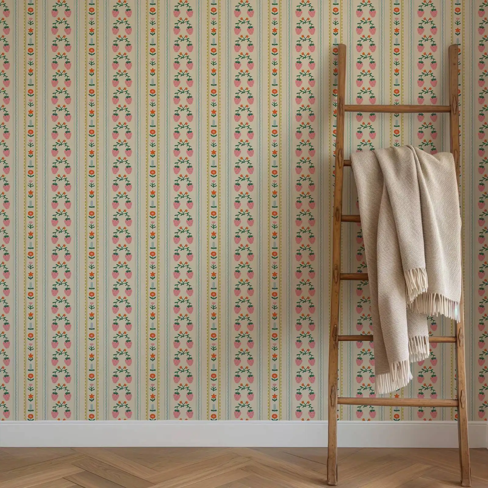 טפט תות וינטאג', קישוט קיר לחדר בנות, טפט רגיל לחדר תינוקות, קישוט תות מסורתי, לא מדביק