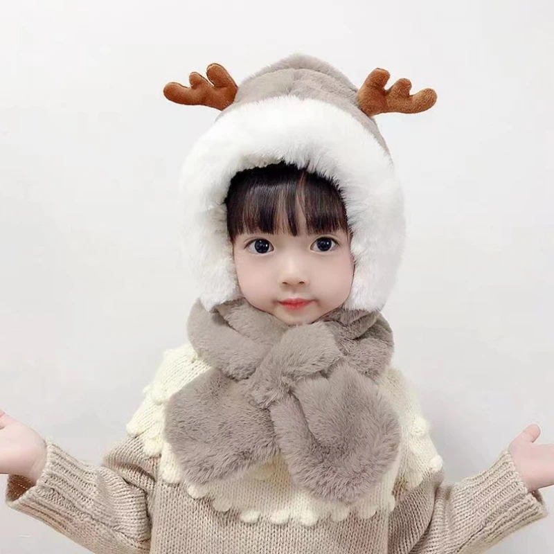 Autumn and Winter Children\'s Hat Cute Hat and Scarf All In One Hat Boys and Girls Deer Hats Plush Windproof Ear Protection Cap