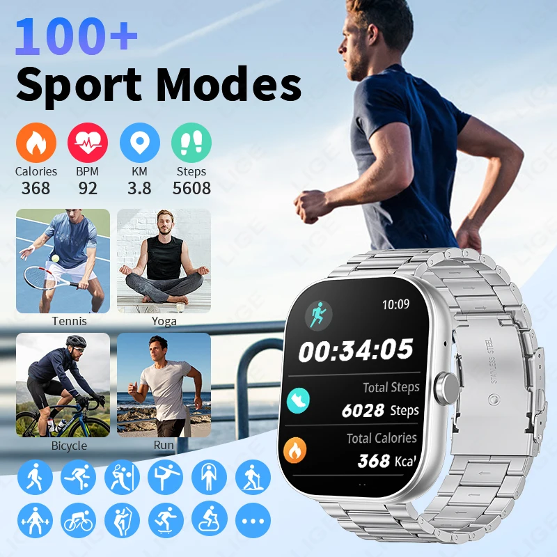 LIGE Men Smart Watch 2.01 inch Bluetooth Call Women Voice Assistant Heart Rate Monitor Sleep Tracker Smartwatch For Android IOS