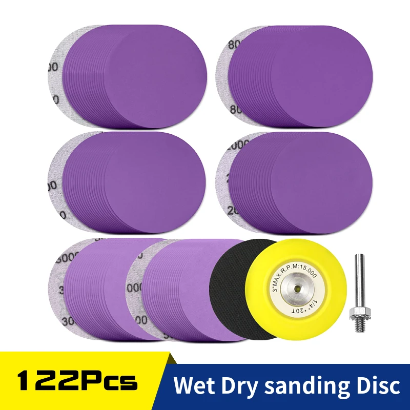 3 Inch Sanding Discs 122Pcs 600 to 5000 Grits 1/4 In Backing Pad Foam Pad For Wood Metal Car