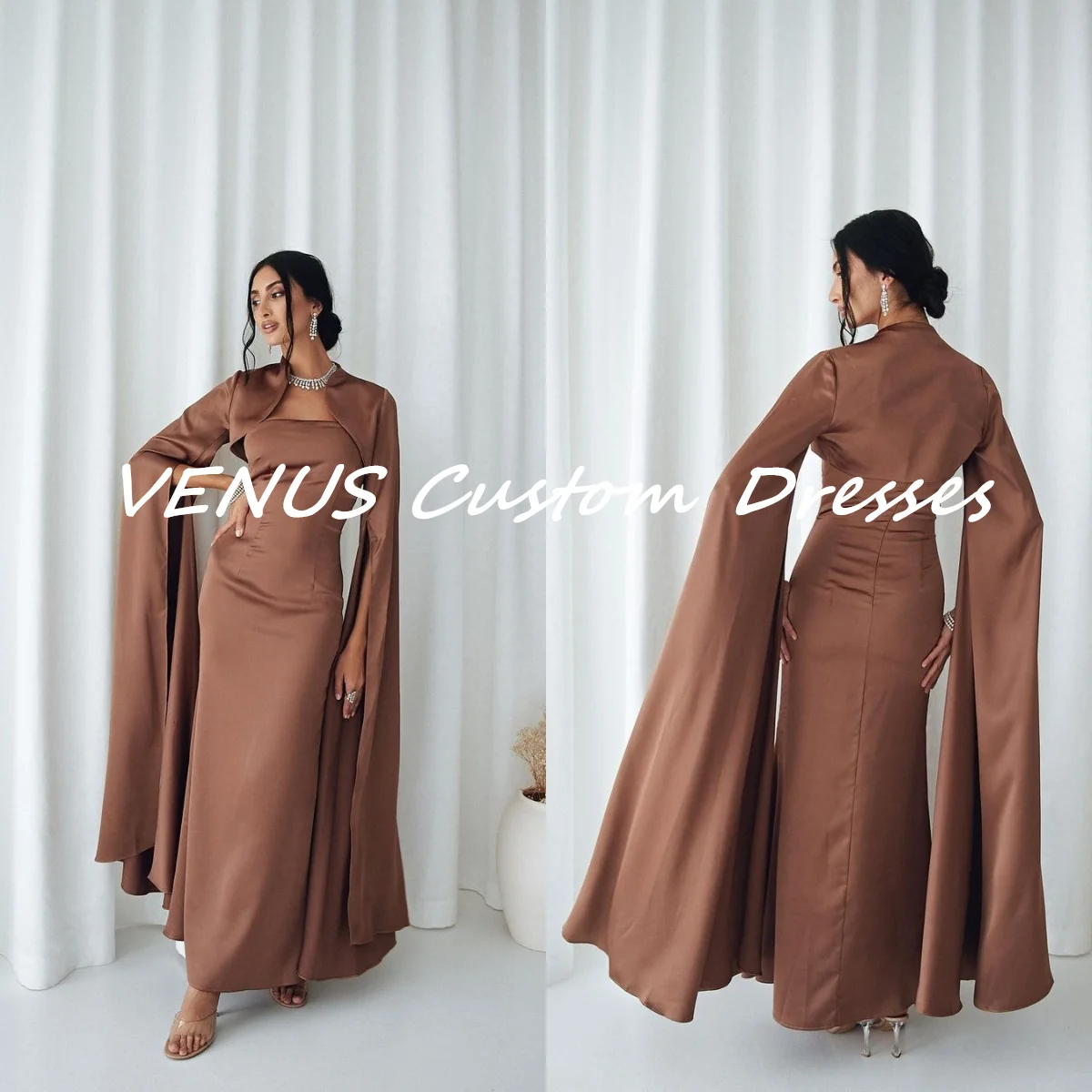 

VENUS Brown Long Sleeves Zipper up Scoop Neckline Formal occasion dresses Luxury evening dresses 2024 Birthday Dresses Luxury