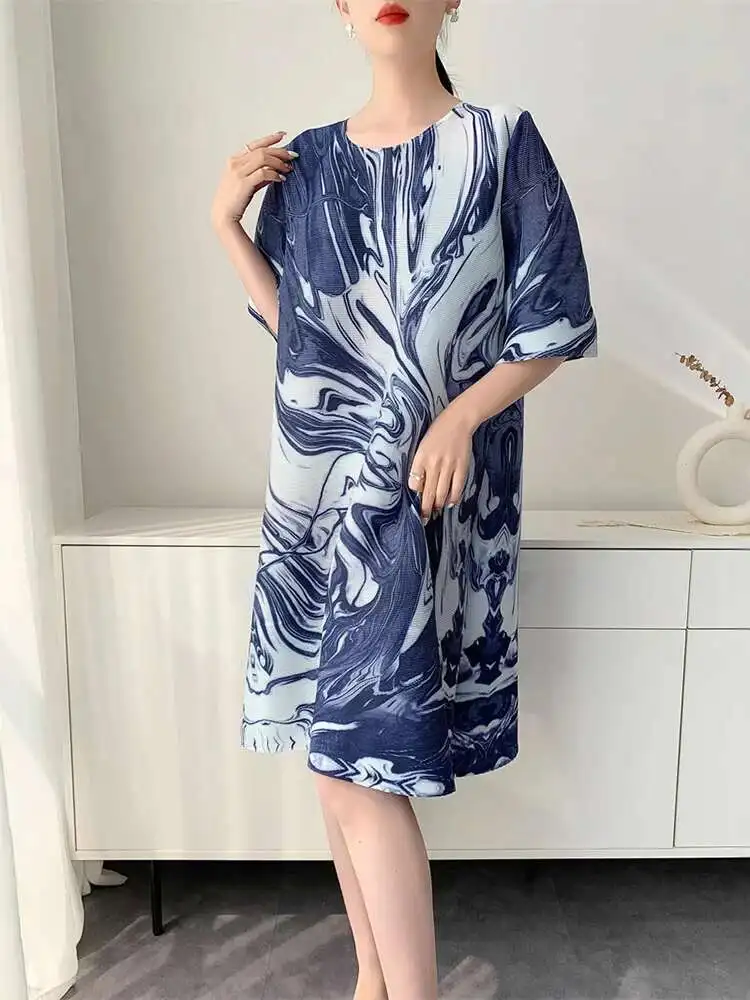 LANMREM Summer Printting Pleated Dress For Women 2025 New Loose Causal Round Collar Half Sleeve Knee Length Dresses Chic 2DB2878 - Image 5