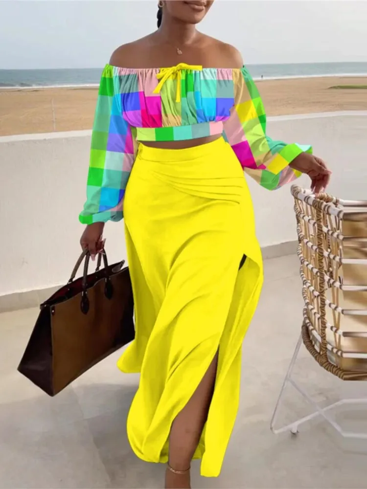 

Элегантный женский повседневный комплект из двух предметов, привлекательный топ с вырезом лодочкой и длинная юбка с разрезом, Осенний модный короткий топ с принтом и открытыми плечами