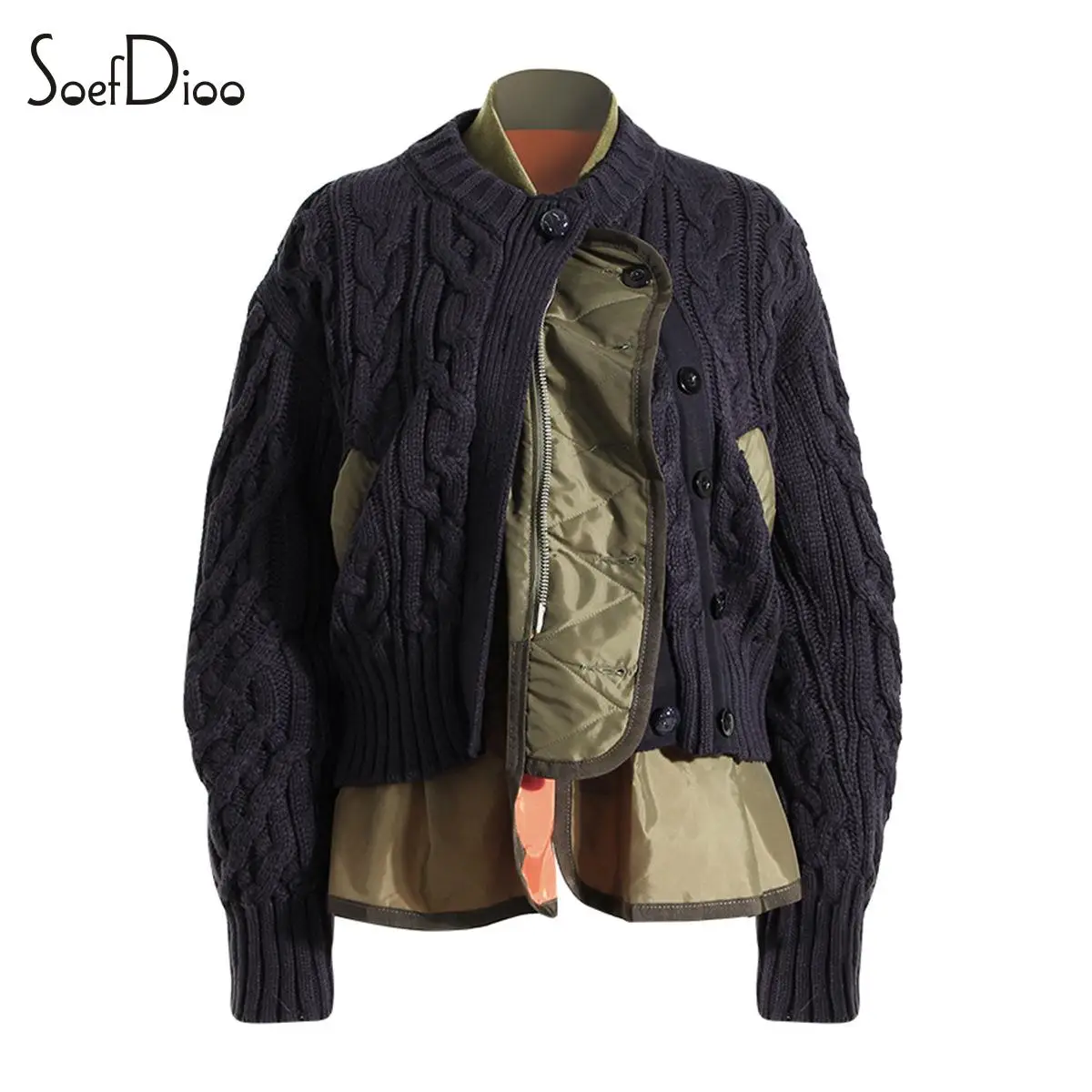 

Soefdioo Fashion Two Piece Sets Women Stand Collar Sweater Cardigan Patchwork Inner Jacket Matched 2023 Autumn Casual Streetwear