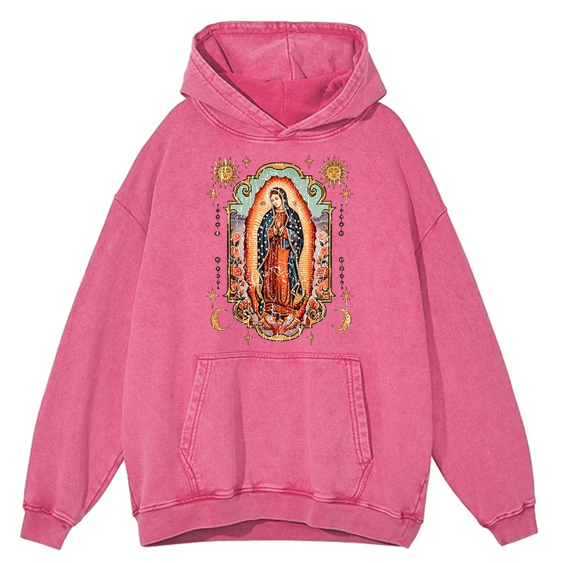 thumbnail image 1 of Sudadera con capucha de Nuestra Señora de Guadalupe con lavado desgastado retro para hombre, moda con capucha, 100 % algodón, estilo hip hop, ropa holgada, sudadera con capucha holgada de gran tamaño, 1 of 4