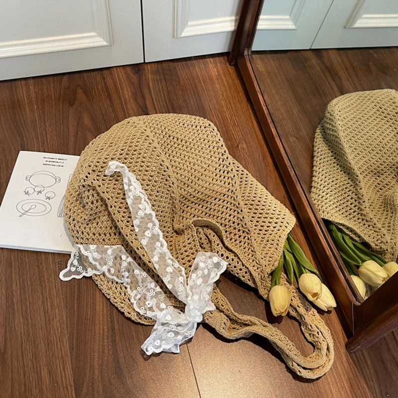 Solid Color Women Knitting Lace Bow Shoulder Bag Hollow Out Large Capacity Crochet Tote Bag Spacious Convenient Sundries Storage