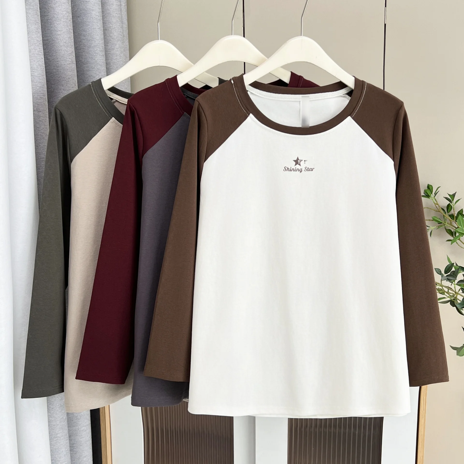 Fashion Plus Size Women's T-Shirt Autumn New Style Basic Casual Color Blocking Printed Long Sleeve Tops 2555