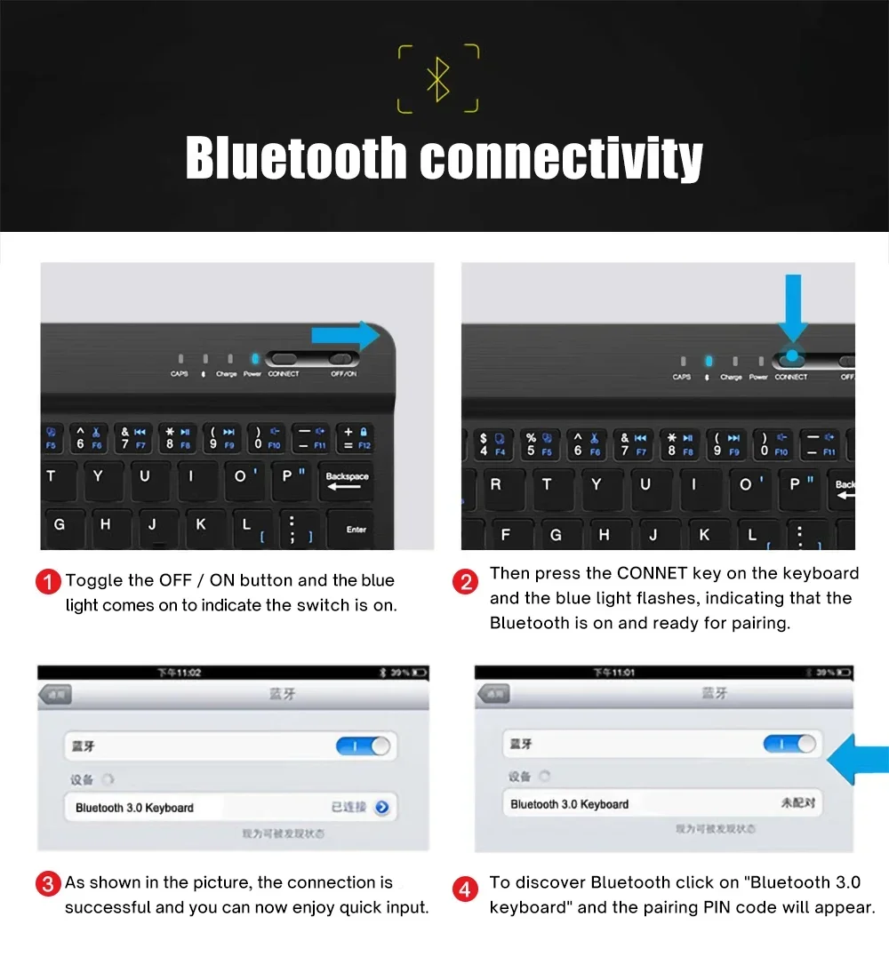 Wireless Keyboard Rechargeable Bluetooth Keyboard with Mouse for Tablet 10-13 inch iPad Huawei Samsung Xiaomi Pad