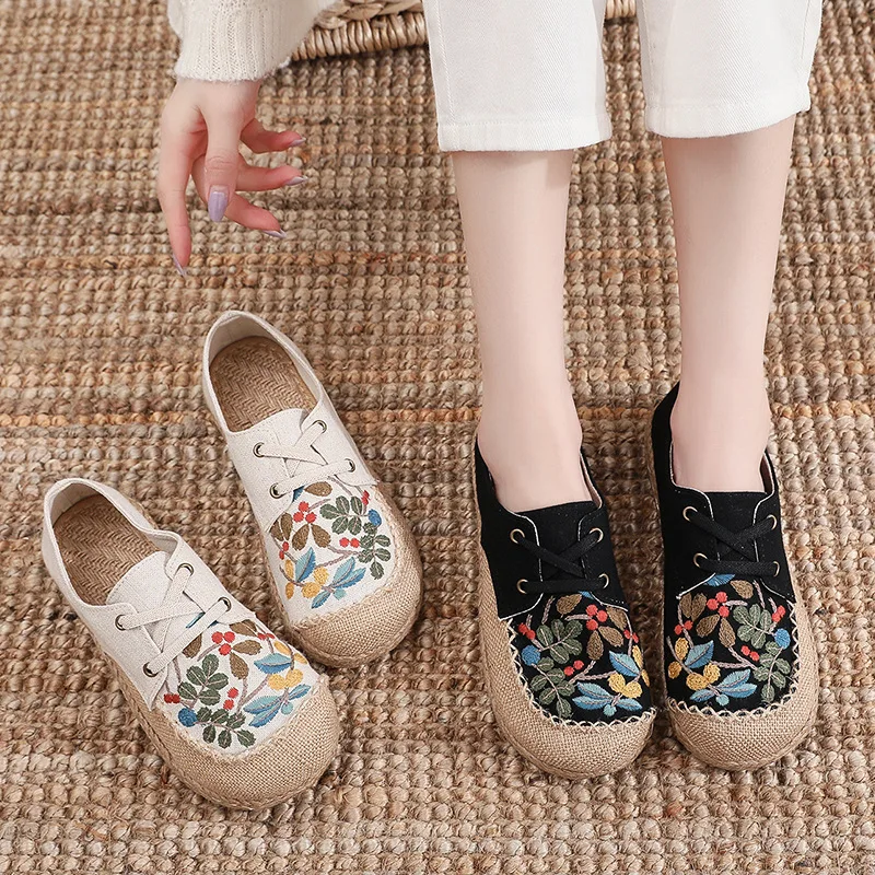 

BCEBYL 2023 Fashion Flat Women's Shoes Embroidered Retro Lace-up Cotton Hemp New Handmade Simple Comfortable Women's Shoes