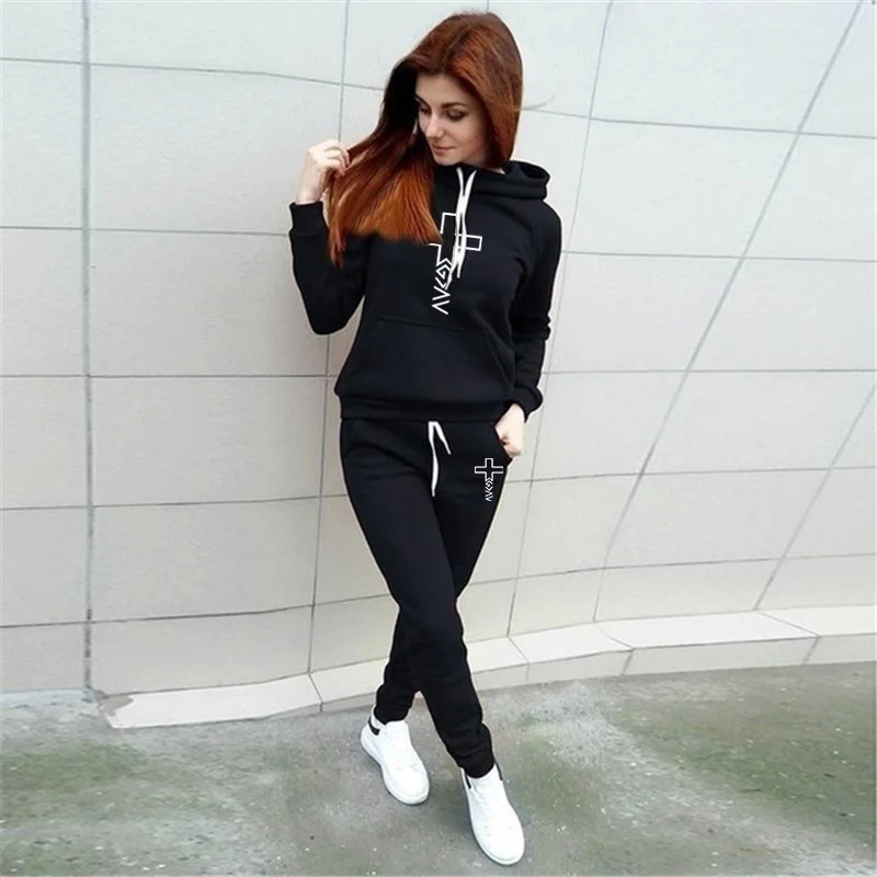 New Religious Symbol Cross Printed Women's Two Piece Hoodie + Jogging Pants Outdoor Long Sleeve Casual Sweat Suit_voghion.com