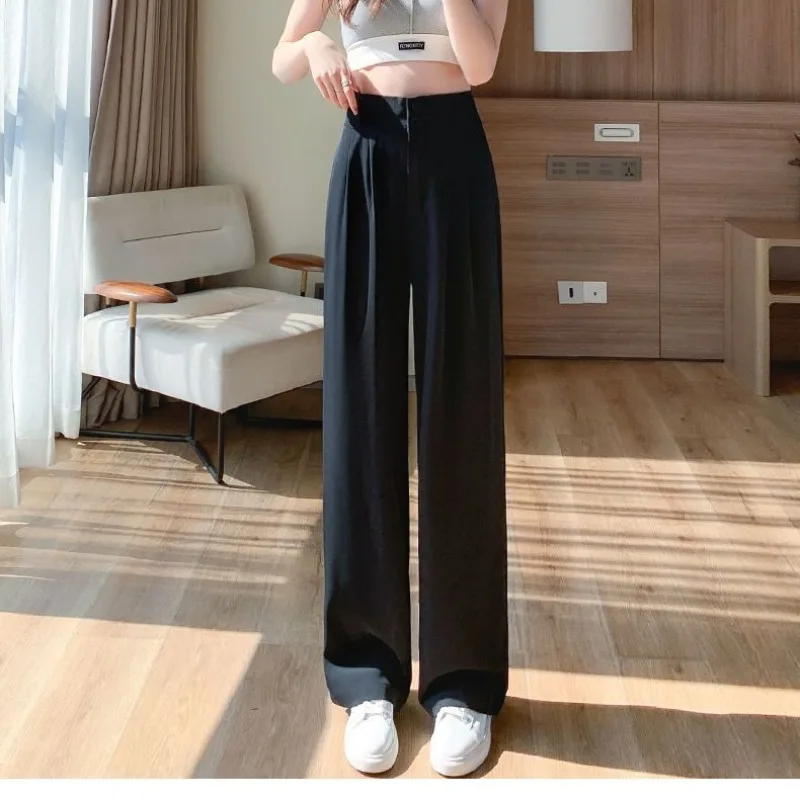 Women's Summer Thin Solid Color Fashionable Patchwork High-waisted Loose Button Pockets Ruched Formal Straight Casual Suit Pants