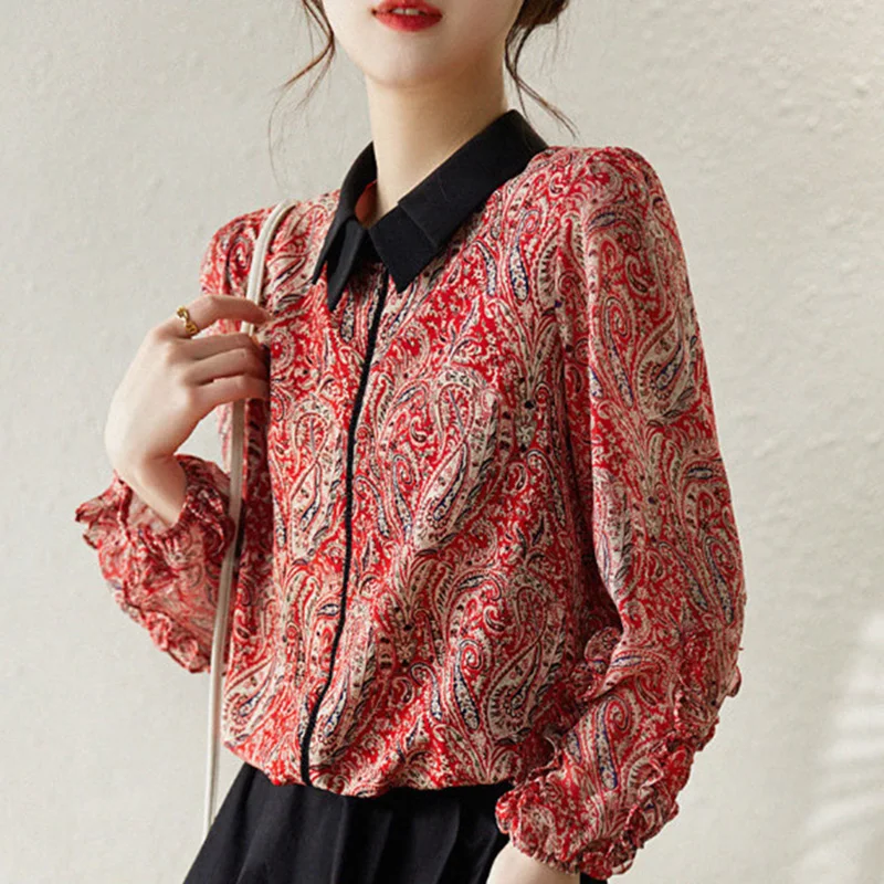 Elegant Peter Pan Collar Printed Folds Ruffles Blouse Women Clothing 2023 Autumn New Casual Pullovers Chiffon Office Lady Shirt