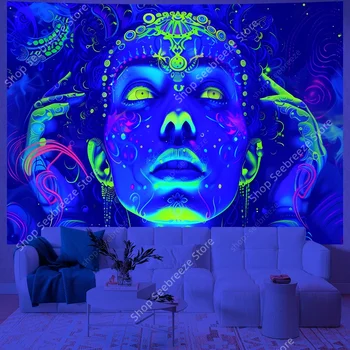 Tapisserie réactive UV avec visage mystique psychédélique, Art mural abstrait au néon, tons vibrants, arrière-plan foncé, décor de chambre à coucher et de salon 1