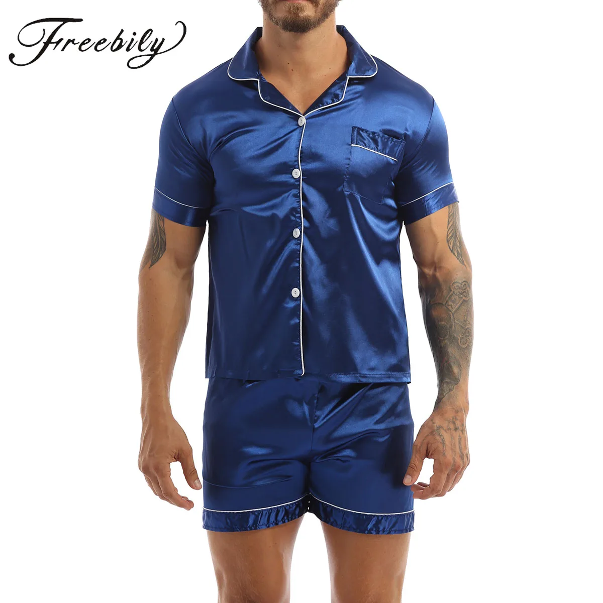 Mens Silky Satin Sleepwear Nightwear Pajamas Set Short Sleeves Button Down Shirt Top with Boxer Shorts Loungewear print 2pcs pajamas set 2020 new women silky satin sleepwear shirt