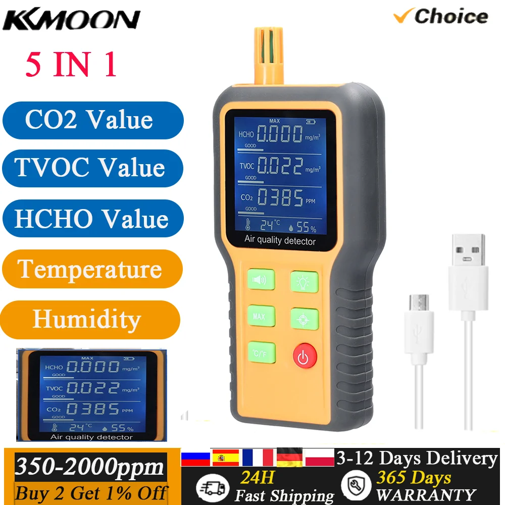 CO2 meters Air Quality Monitor Detector LCD Display with Backlit Carbon Dioxide TVOC HCHO Temperature Humidity Detect Sensor