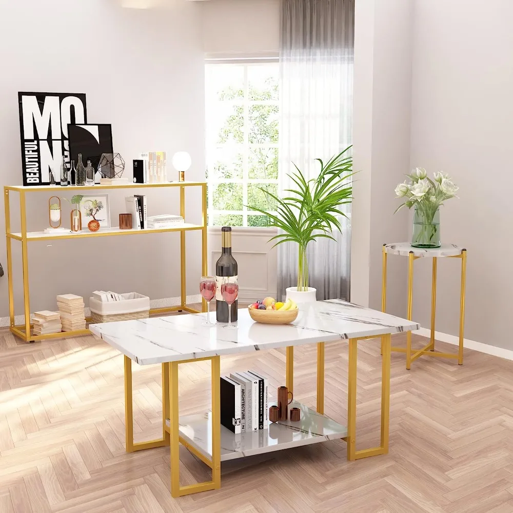 3 Piece Living Room Table Set, Faux Marble Coffee Tables with Round End Side Table and Console Table with Gold Metal Frame zigon coffee table 3 lü gold metal toe ephesus gold