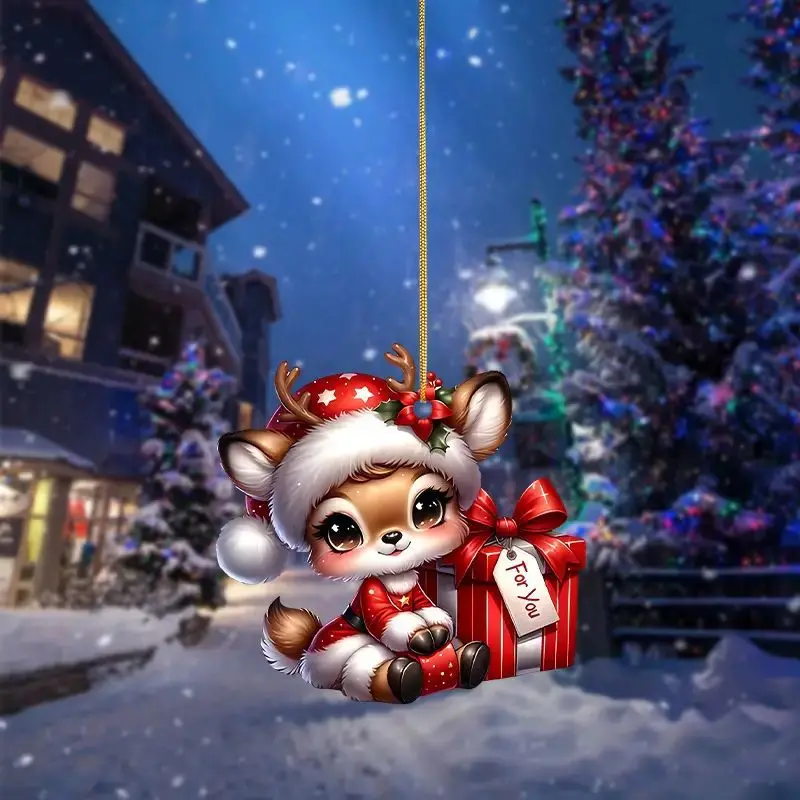 2D Acrylic Cartoon Fawn Christmas Tree Pendant Christmas Cartoon Cute Elk Hanging Decorations 2025 New Year Gifts Party Decor