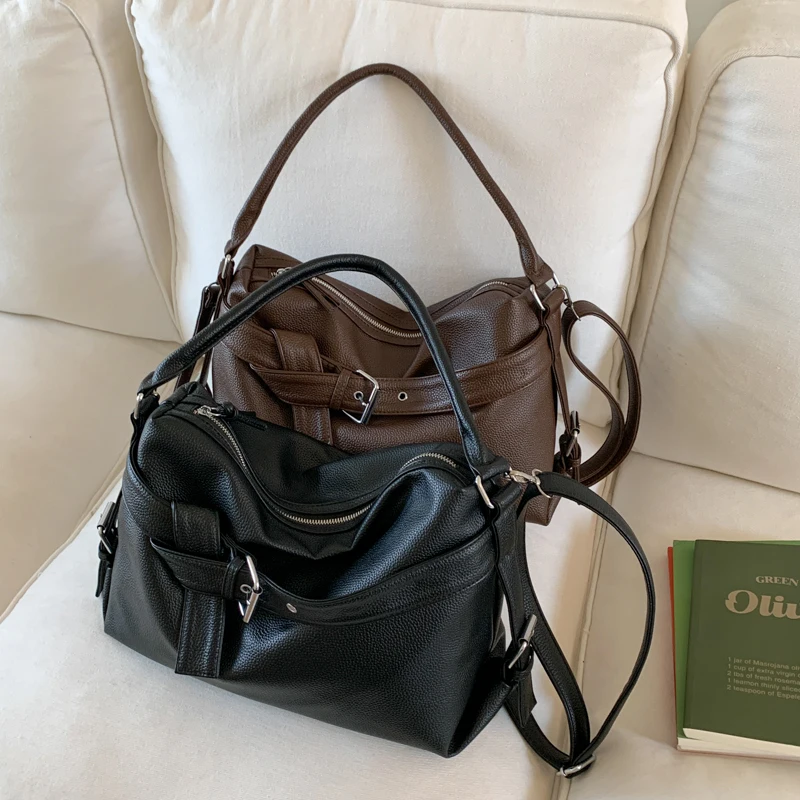 Borsa Tote Retrò Coreana in Pelle Scamosciata da Donna, Borsa a Spalla Y2K Trendy in PU con Fibbia Decorativa e Chiusura a Cerniera, Grande Capacità - immagine 4