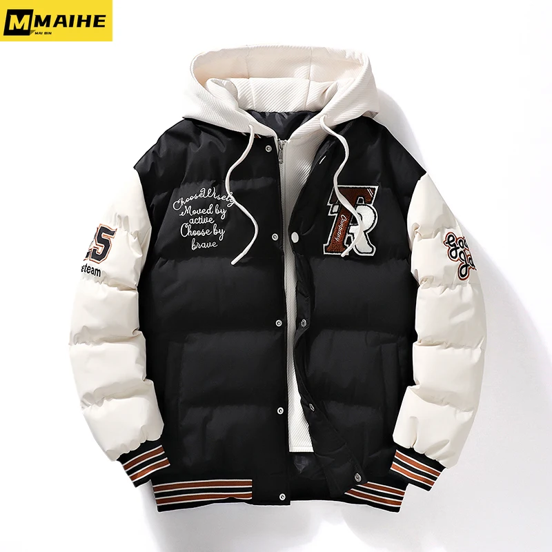 2023 Winter Men's Jacket Street Clothing Fake Two-piece Thickened Hooded Cotton-padded Clothes Men's Cold-proof Down Jacket Coat