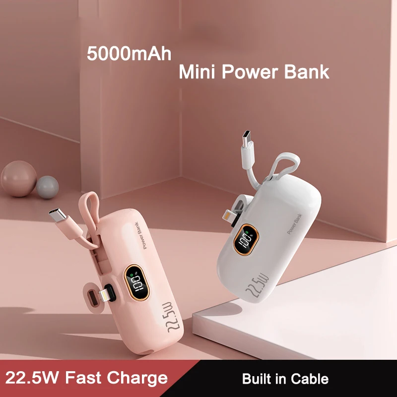 

5000mAh Mini Power Bank with Type C Cable Plug 22.5W Fast Charging for iPhone 14 Huawei Xiaomi Samsung Powerbank Digital Display