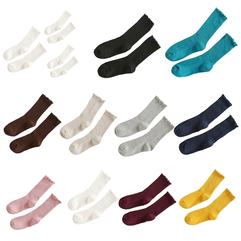 Women Ruffle Turn-Cuff Socks Cotton Frilly Low Cut Middle Tube Socks