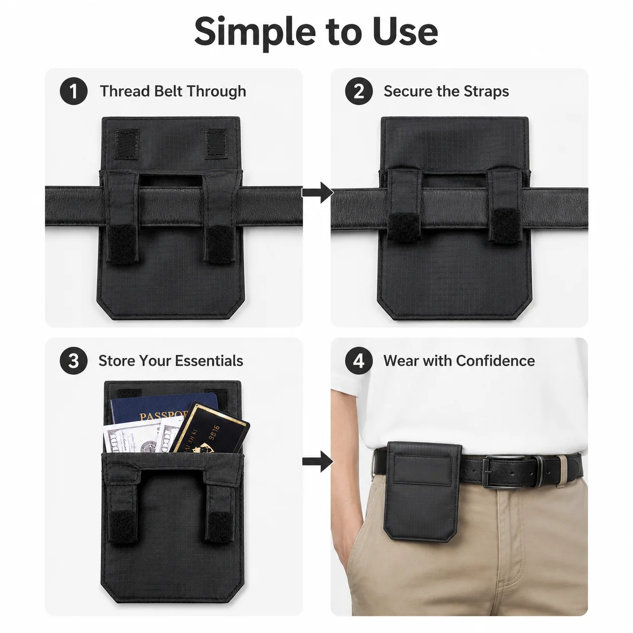2026 Black Slim Belt Wallet Zero Bulk Anti Theft Belt Clip Mini Belt Wallet Hook and Loop Closure Hidden Compartment Belt Wallet 2