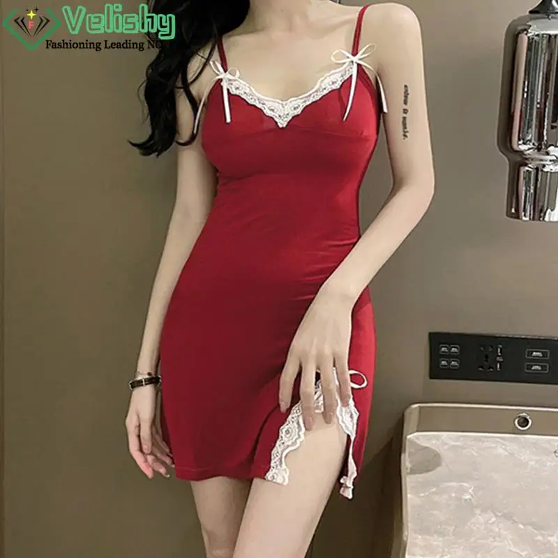 

Women's Sexy Lingerie Summer Silk Night Gown Lace Slit Pajamas Mini Night Dress Spaghetti Strap Sleepwear Ladies