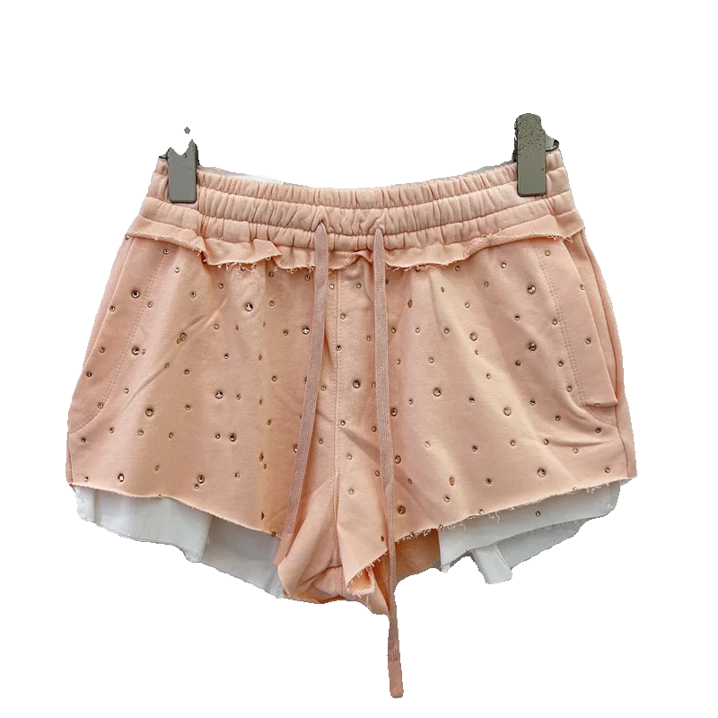 Casual Rhinestones Drawstring Shorts for Women 2024 Summer New Loose Women's High Waist All-Matching Irregular Short Sweatpants