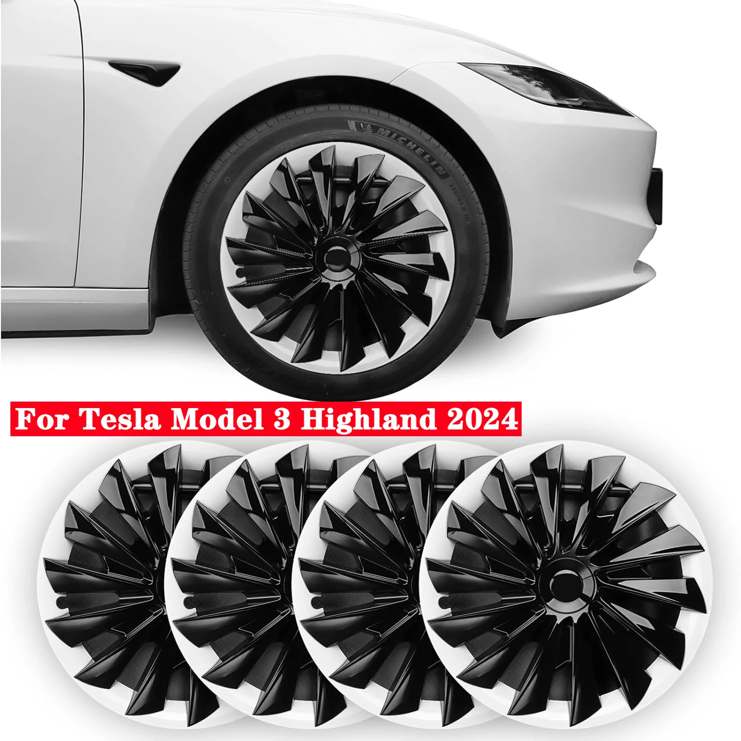 

4PCS Hubcaps For Tesla Model 3 Highland 2024, 18 Inch White Sword Shadow Style Wheel Covers Hub Caps Replacement Rims Protector