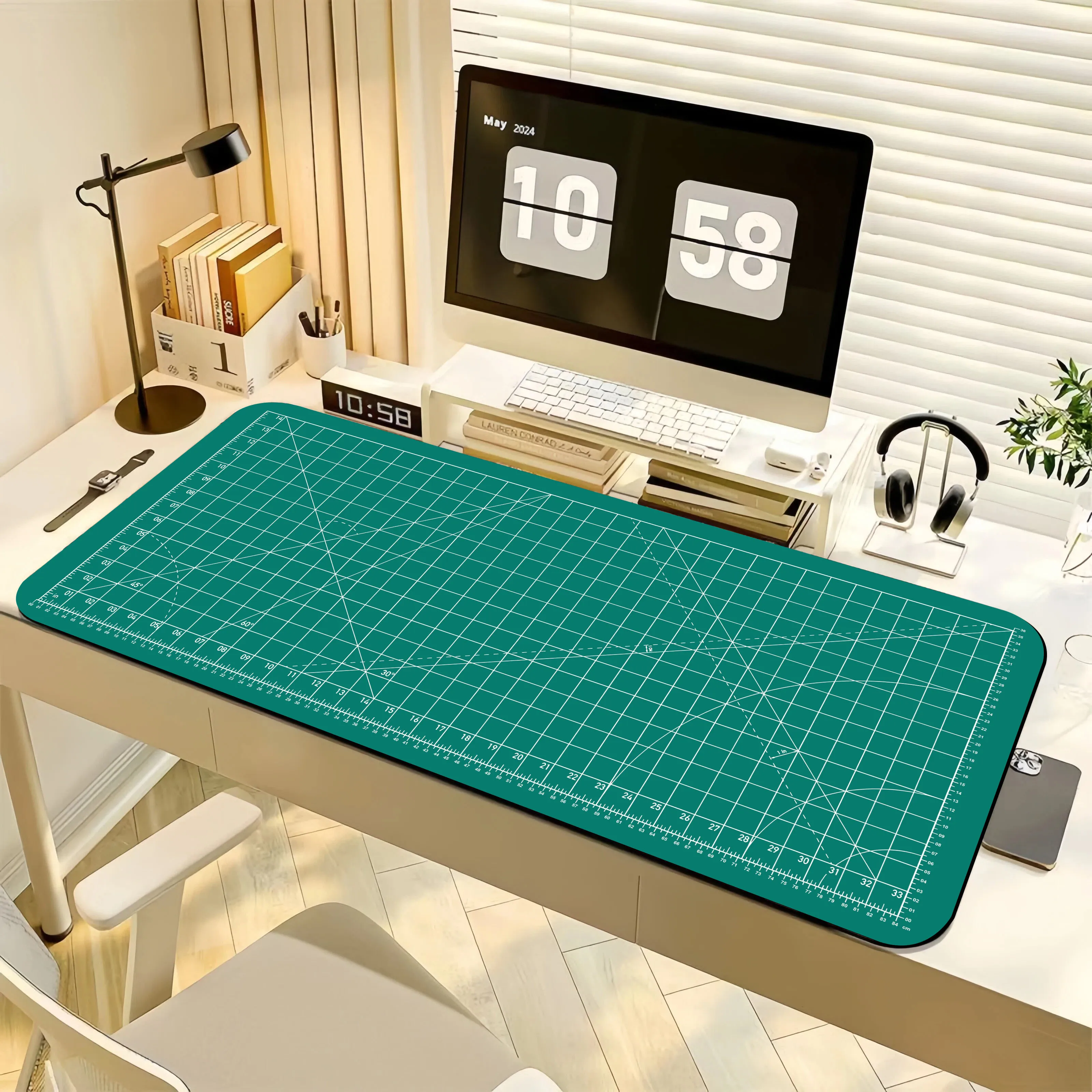 Oversized Green Grid Gaming Mouse Pad with Smooth Surface and Anti-Slip Base