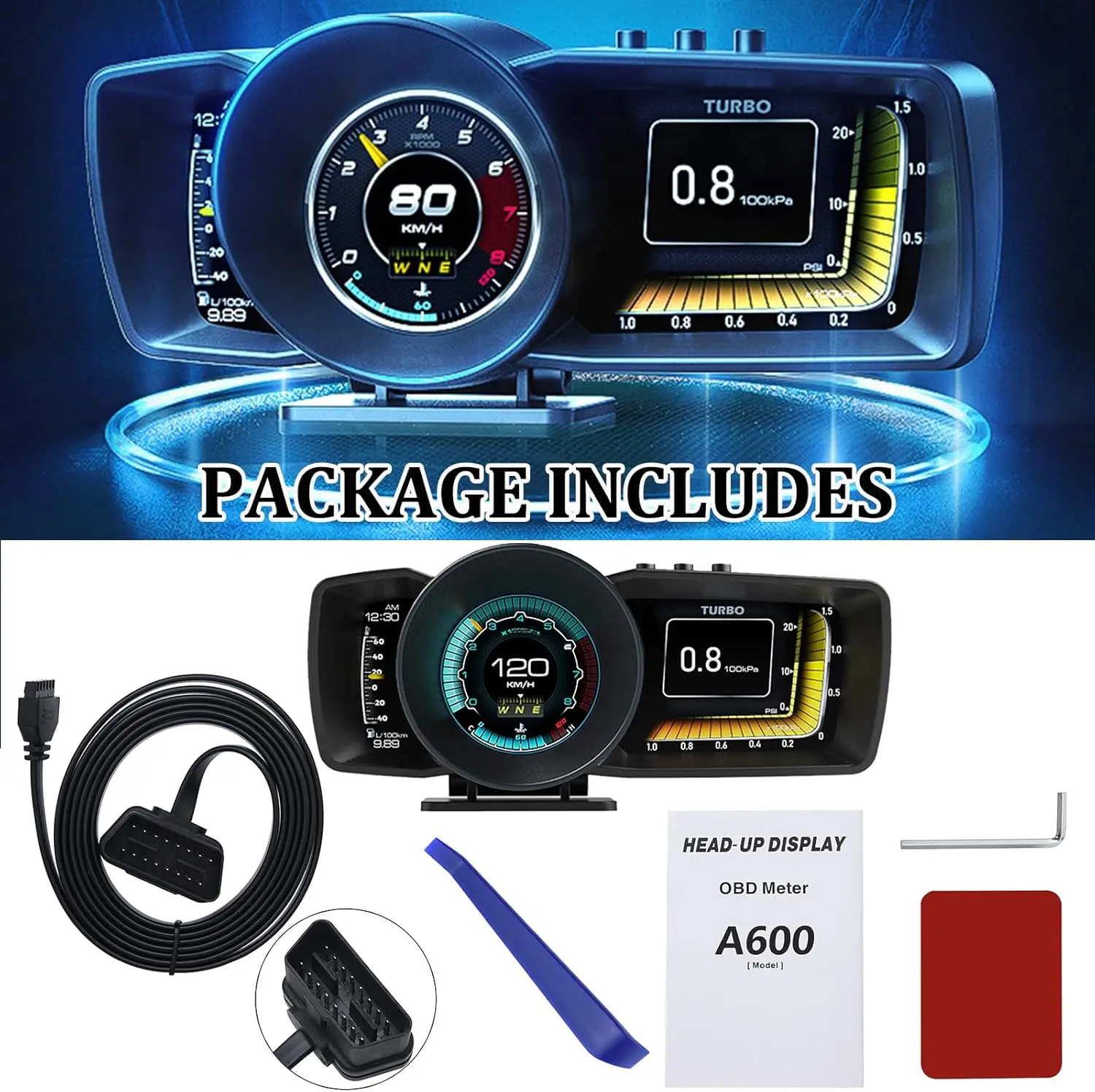 Auto HUD Multi-Funzione Cruscotto Head Up Display OBD2 + GPS Tachimetro Intelligente Doppio Schermo Acqua e Olio RPM Calibro Automatico Sistema di Allarme - Image 6