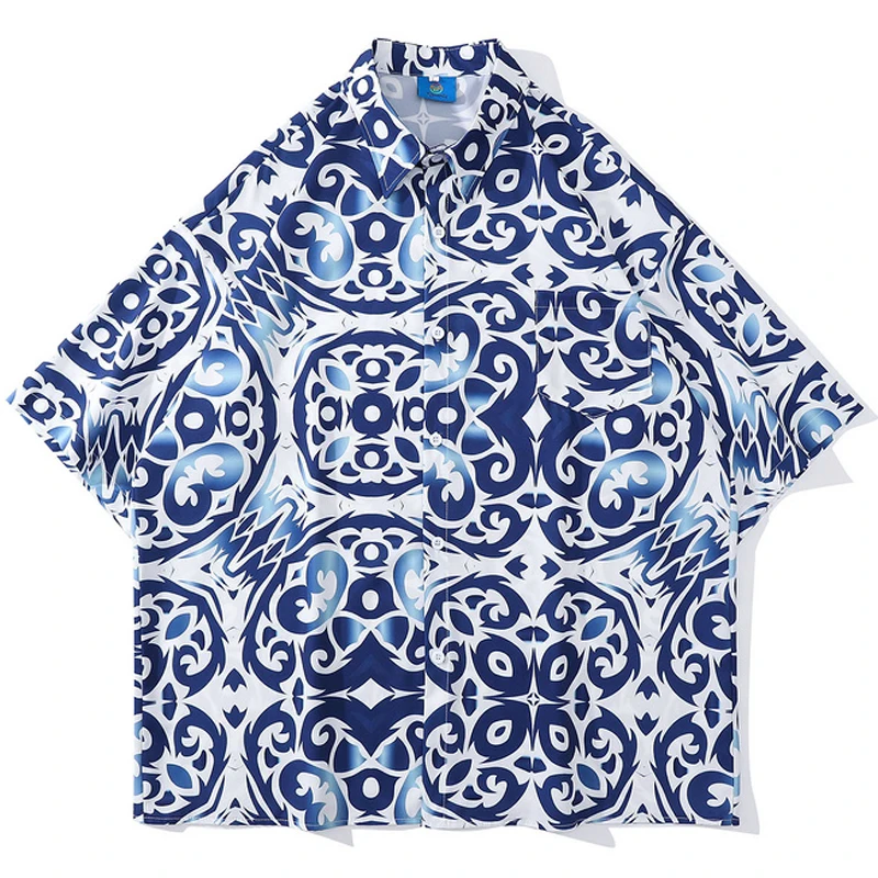 

2022 SS Unisex Harajuku Creative Printed Turn-Down Collar blouse Shirts Tropica Tops Mens Oversize Hawaii Short Sleeve Shirts