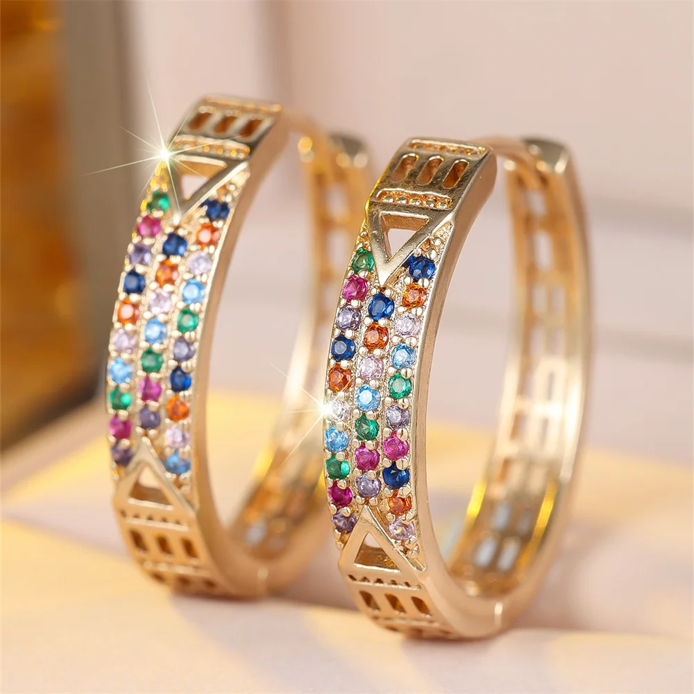 Three Row Small Round Stone Rainbow Zircon Hoop Earrings For Women Vintage Gold Color Ear Buckle Wedding Jewelry Valentine Gifts