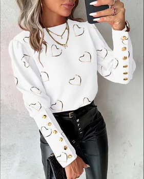 Autumn and winter fashionable printed long sleeved love style round neck button up blouse shirt for women 1