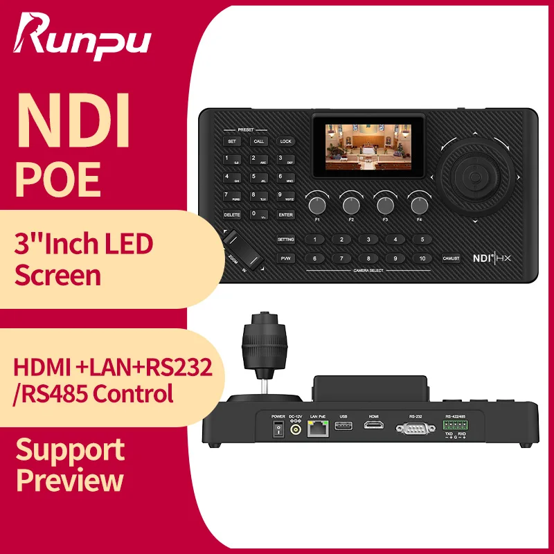 Runpu RP-JP883N 4D Joystick NDI PTZ Camera Controller 3" Preview LCD PTZ Joystick Controller With HDMI for Church Worship Education Support POE