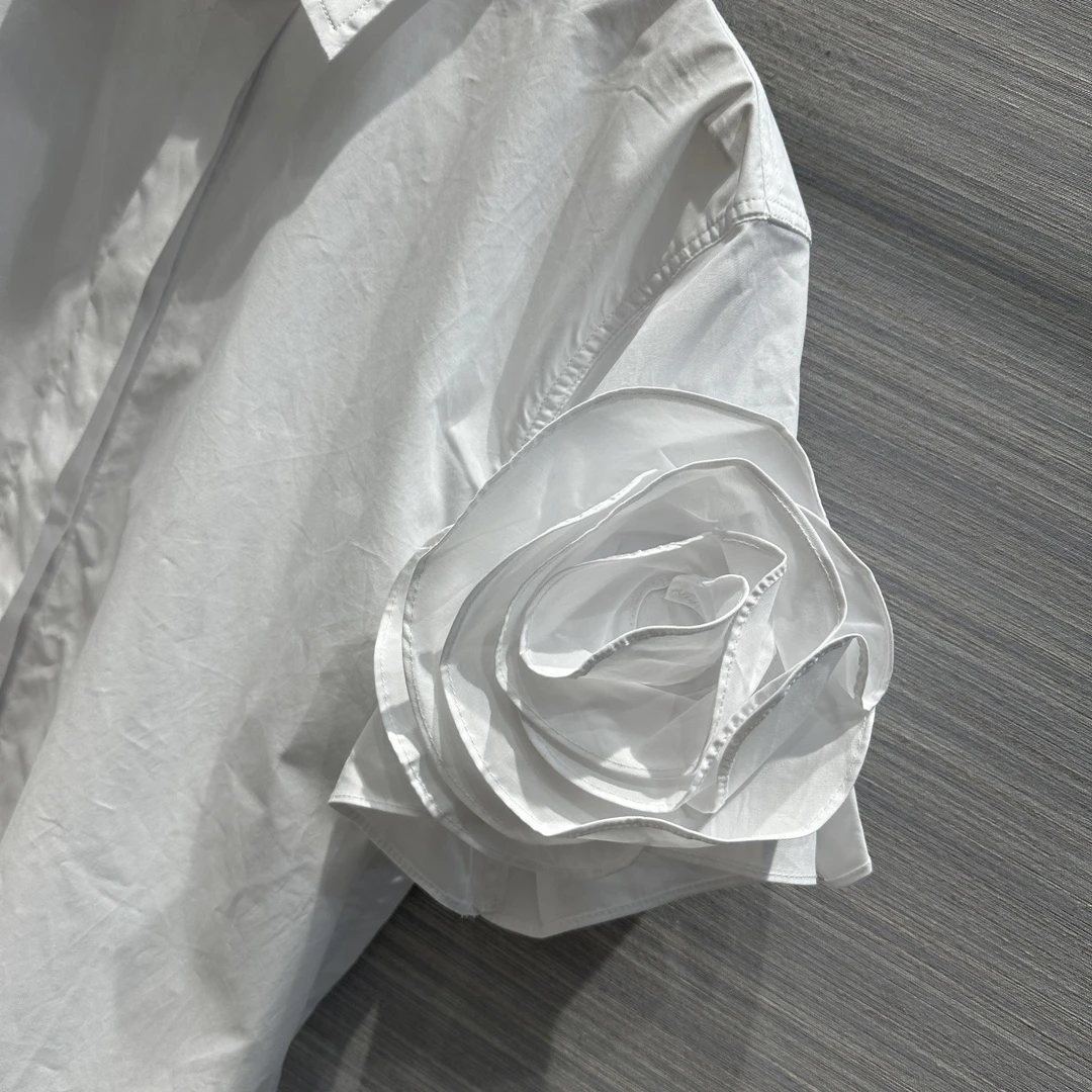 12.27 KlasonBell Fashion Sense Of Design Handmade Flower Short Sleeve Hidden Breasted Cotton White Shirt Women Clothes