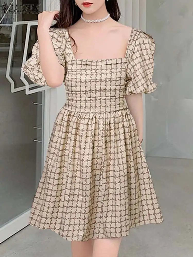 

ZANZEA Women Plaid Mini Dress 2024 Summer Puff Short Sleeve Vestidos Sweety Square Neck Party Robe Casual Pleated A-line Dresses