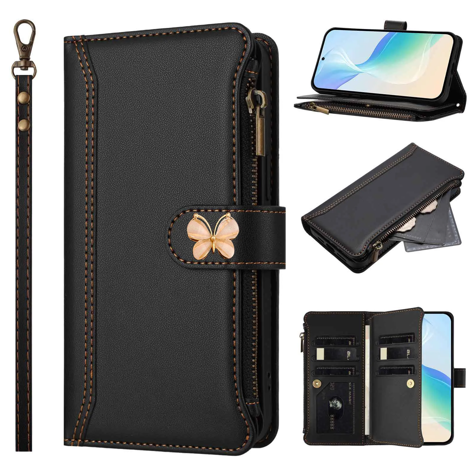 Mukti 9-Card Leather Crossbody Wallet Case with Flip Cover