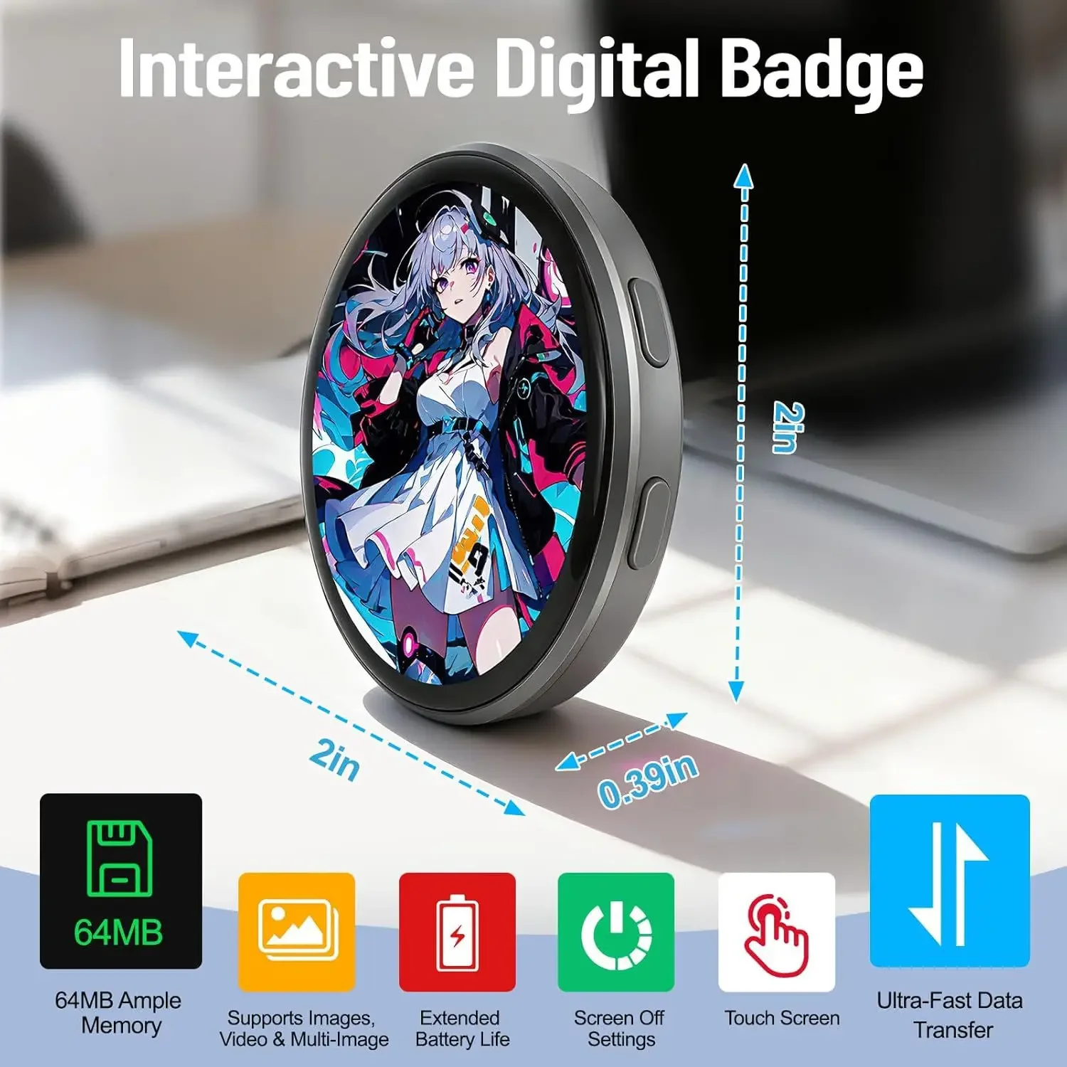 E-Badge HD 다이나믹 디스플레이 스마트 핀, E-Badge 블루투스 애니메이션 디지털 핀, 사진 및 애니메이션을 위한 앱 제어 기능 포함