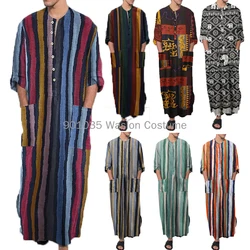 Men's Muslim Long Sleeve Cotton Striped Robes Summer Islamic Arabian Kaftan Suit Middle East Dubai Abaya Retro Robe