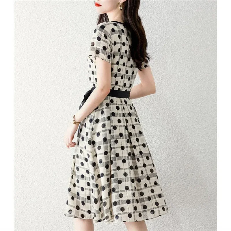 

Summer Fashion Korean Simple Polka Dots Print Belt Elegant Chic Party Dresses for Women Casual Short Sleeve Midi Dress Vestidos
