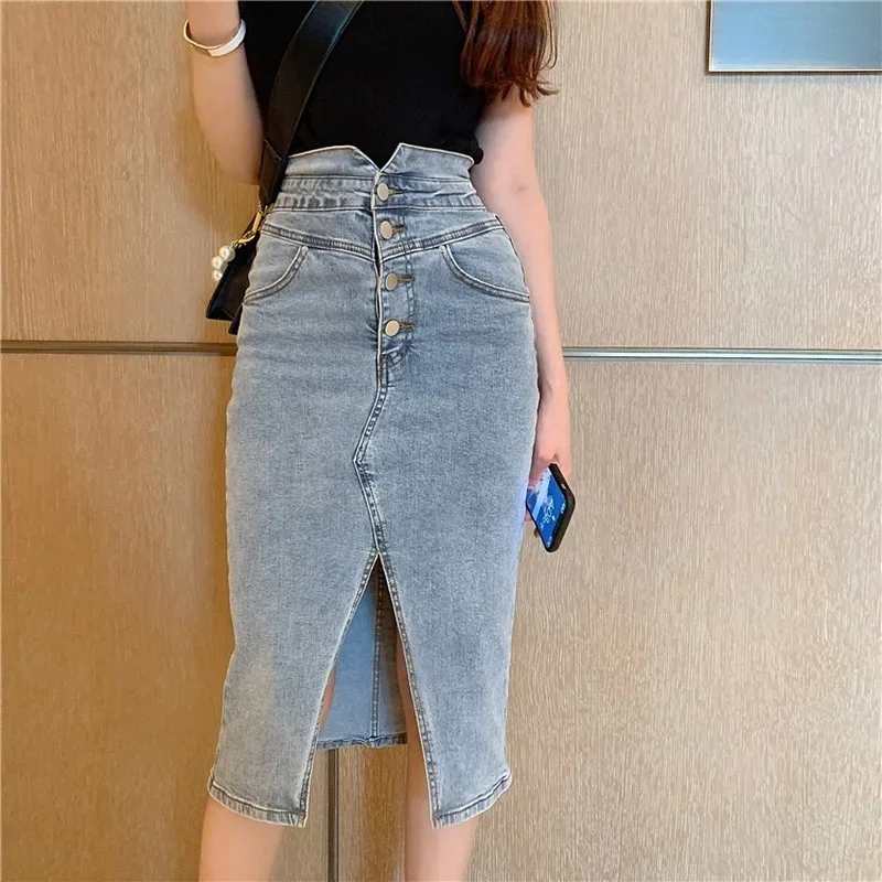 Korean Fashion Elastic Hip Bag Long Denim Skirts Fashion Slim Split High Waist Sexy Button Pencil Midi Length Jeans Skirt Street