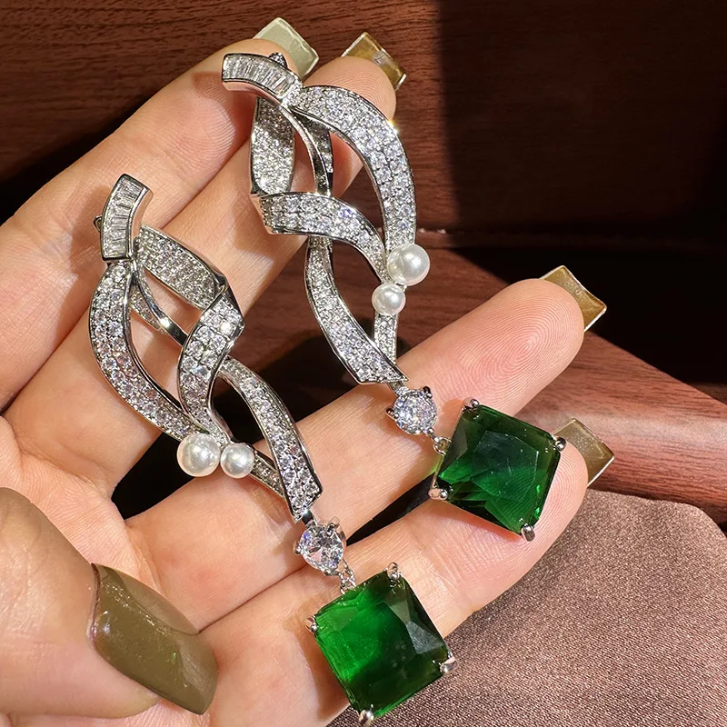 

LJDZSW S925 Silver Needle Hollow Line Earrings Pearl Green Crystal Earrings Luxurious Women Jewelry Elegance Wedding Anniversary