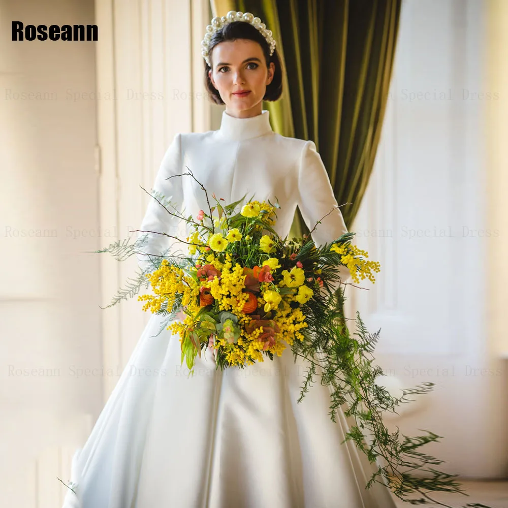 Muslim Exquisite A-line Wedding Dresses High Collar Belt Draped Pleat Brush Train Satin Bride Gown Floor Length robe de mariée 5