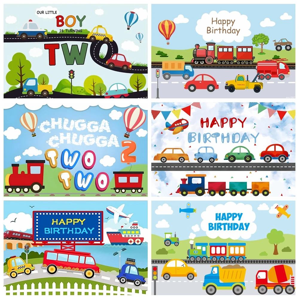 

Cartoon Train Birthday Party Photography Background Transportation Theme Car Balloon Boy Girl 1st Birthday Backdrop Photo Studio