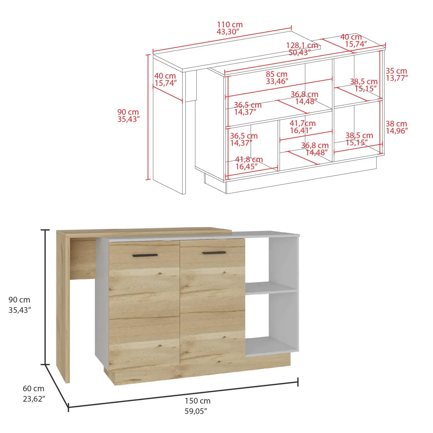 Sicilia Kitchen Island, Two  External Shelves, Double Door Cabinets, Three Shelves White / Light Oak 2