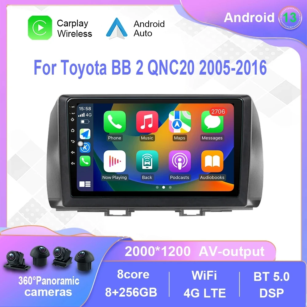 

Магнитола на Android 13 для Toyota BB 2 QNC20 2005-2016, автомобильный мультимедийный плеер Carplay с сенсорным экраном и GPS-навигацией