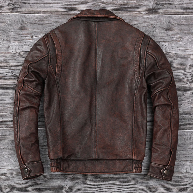 Men Stone Distressed Genuine Leather Jacket Top Layer Cowhide Air Force Flight Vintage Fashion Redbrown